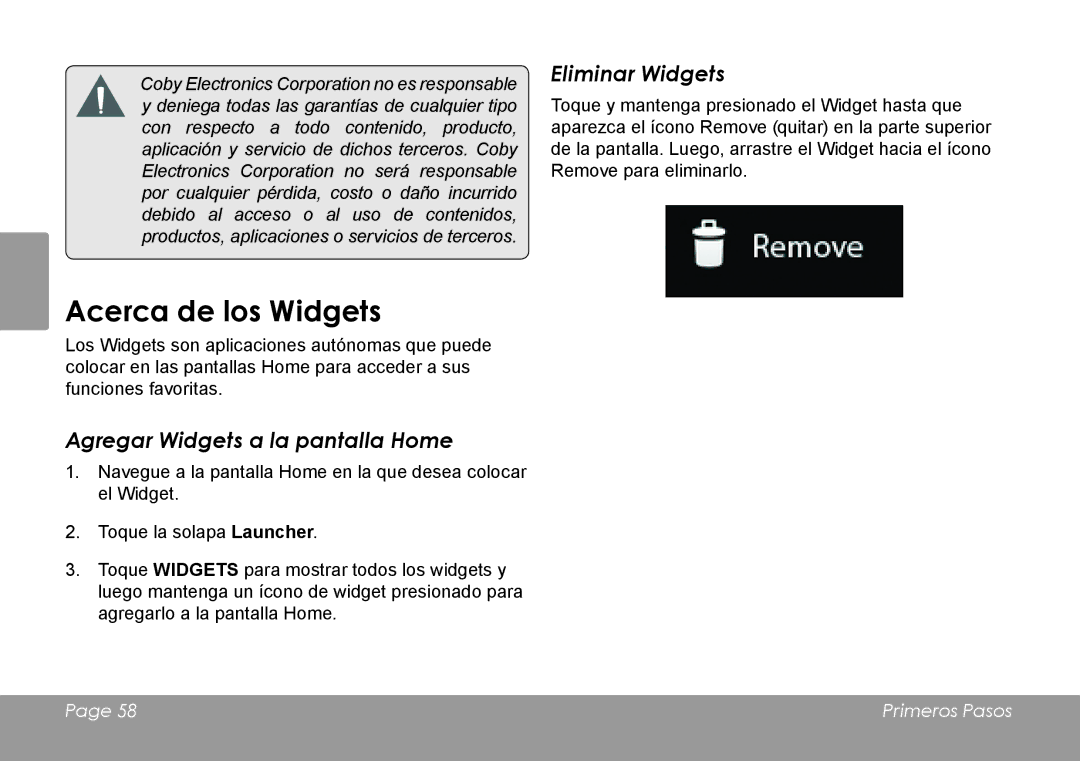 COBY electronic MID7042 manual Acerca de los Widgets, Agregar Widgets a la pantalla Home, Eliminar Widgets 