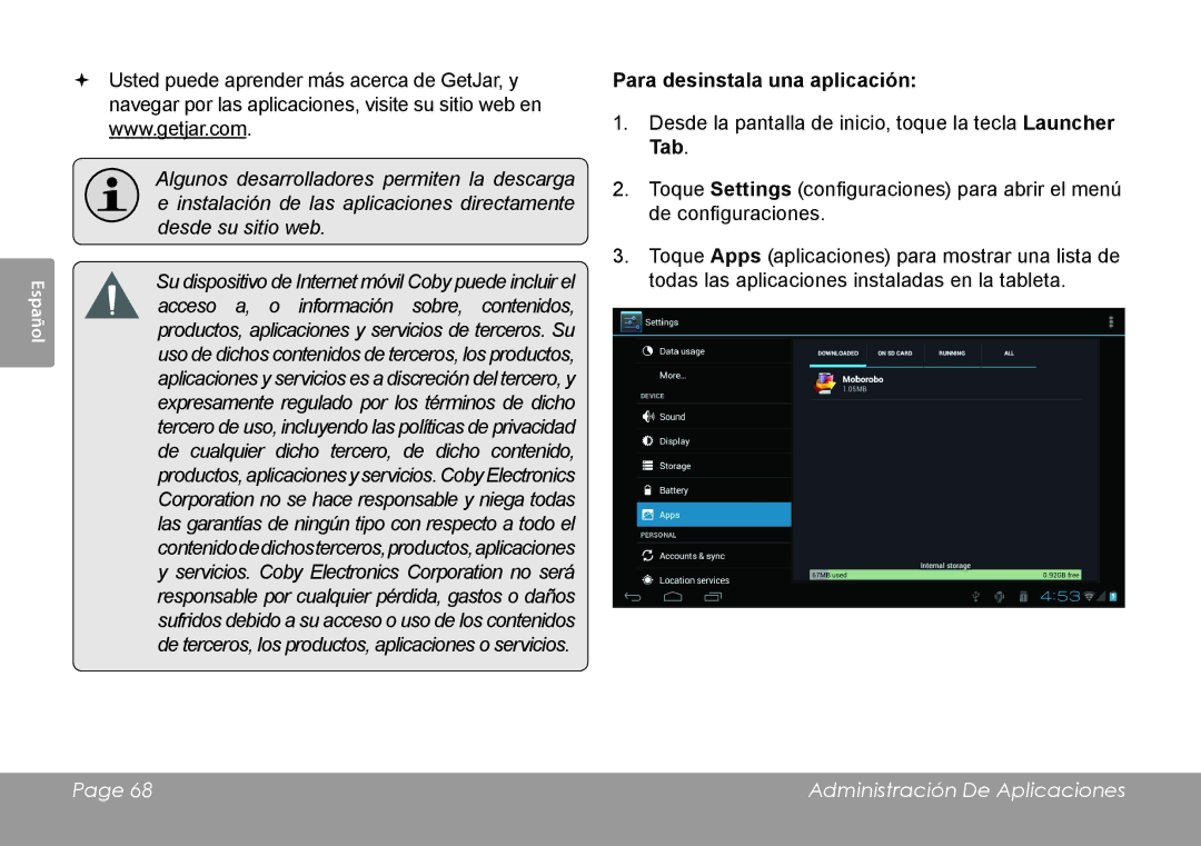 COBY electronic MID7042 manual Para desinstala una aplicación 