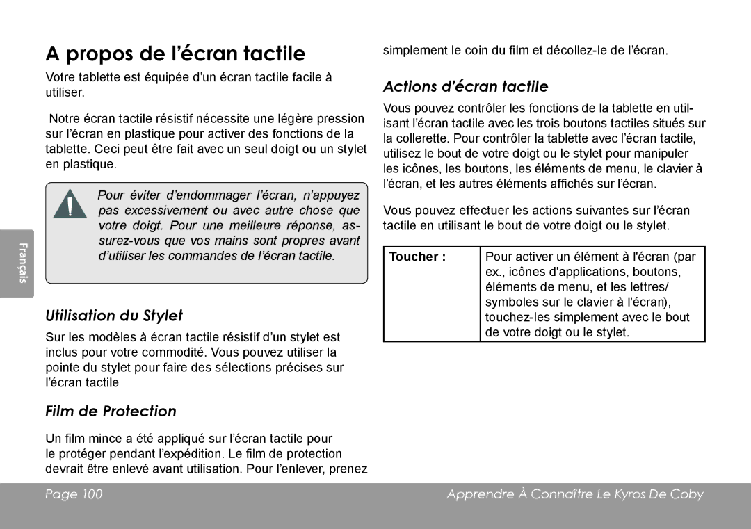 COBY electronic MID8120 Propos de l’écran tactile, Utilisation du Stylet, Film de Protection, Actions d’écran tactile 