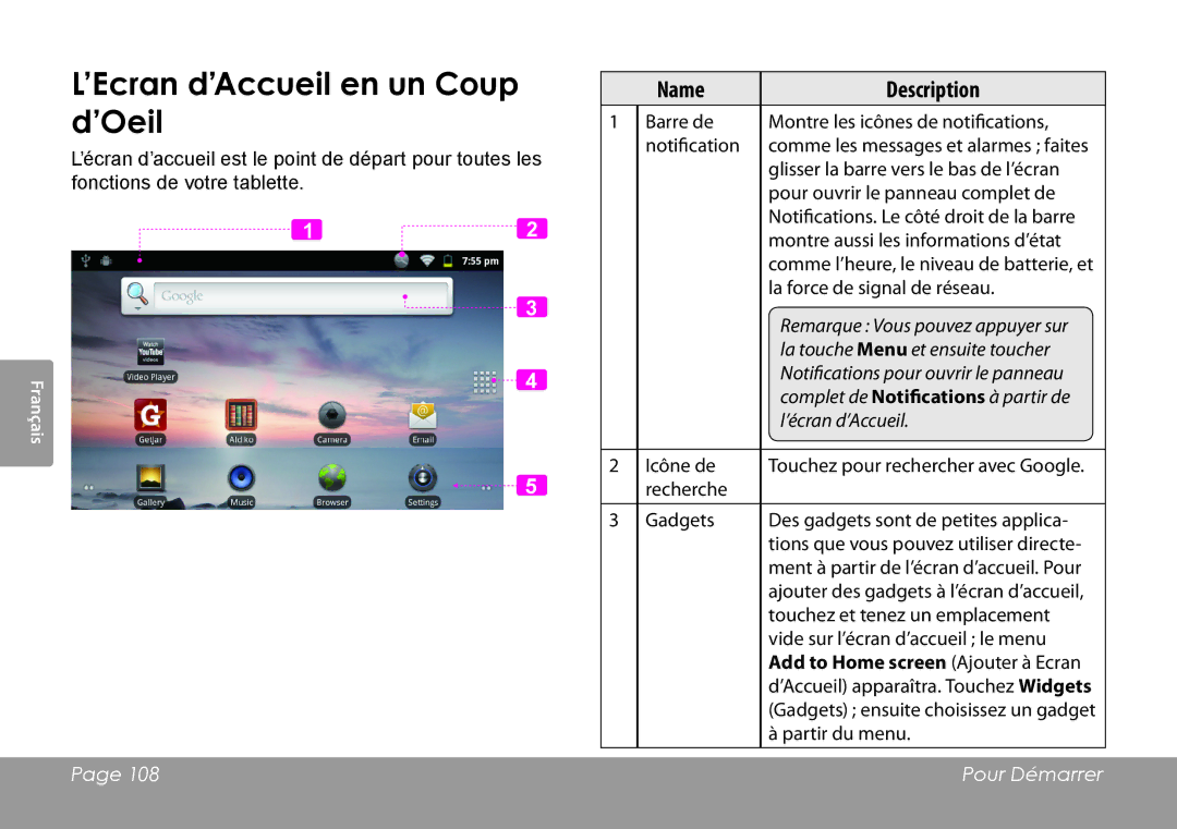COBY electronic MID8120, MID7120 quick start ’Ecran d’Accueil en un Coup d’Oeil, Add to Home screen Ajouter à Ecran 