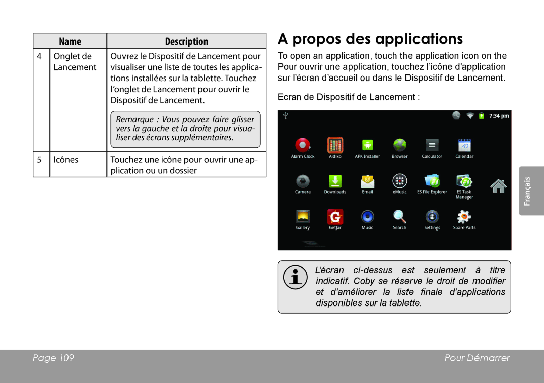 COBY electronic MID7120, MID8120 quick start Propos des applications 