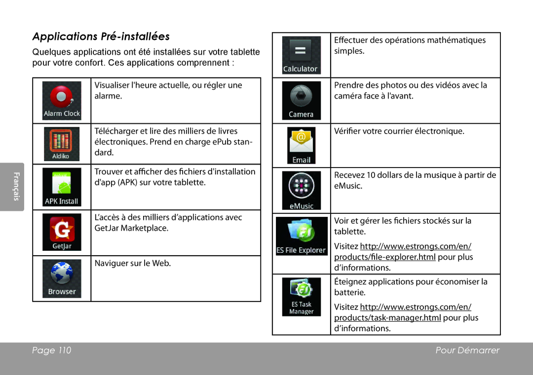 COBY electronic MID8120, MID7120 quick start Applications Pré-installées 