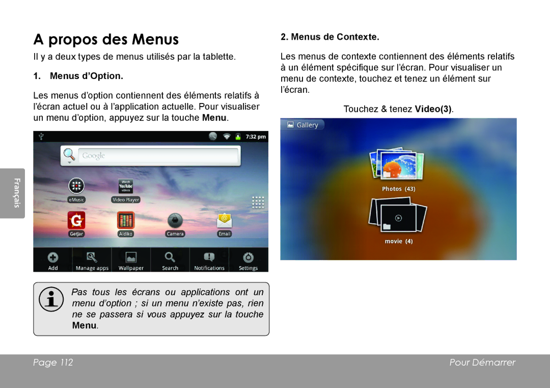 COBY electronic MID8120, MID7120 quick start Propos des Menus, Menus d’Option, Menus de Contexte 