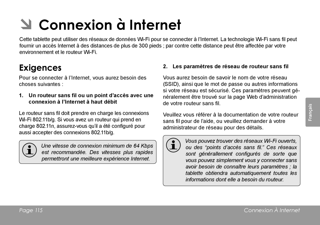 COBY electronic MID7120, MID8120 quick start ÂÂConnexion à Internet, Exigences, Les paramètres de réseau de routeur sans fil 