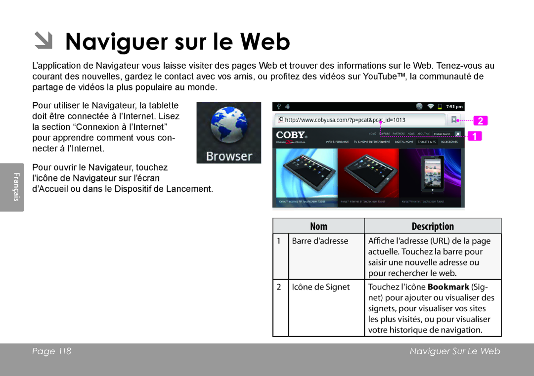 COBY electronic MID8120, MID7120 quick start ÂÂNaviguer sur le Web 