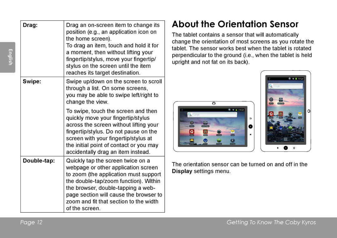 COBY electronic MID8120, MID7120 quick start About the Orientation Sensor, Drag, Swipe, Double-tap 