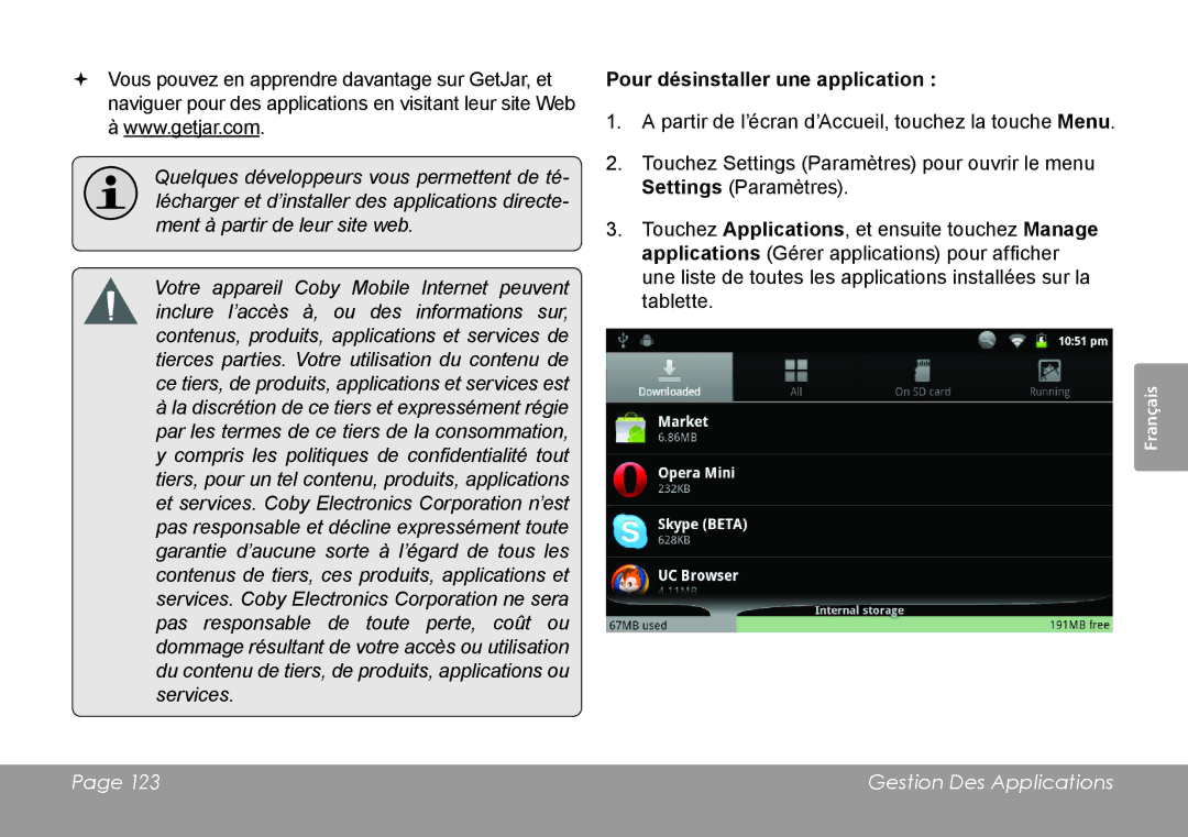 COBY electronic MID7120, MID8120 quick start Pour désinstaller une application 