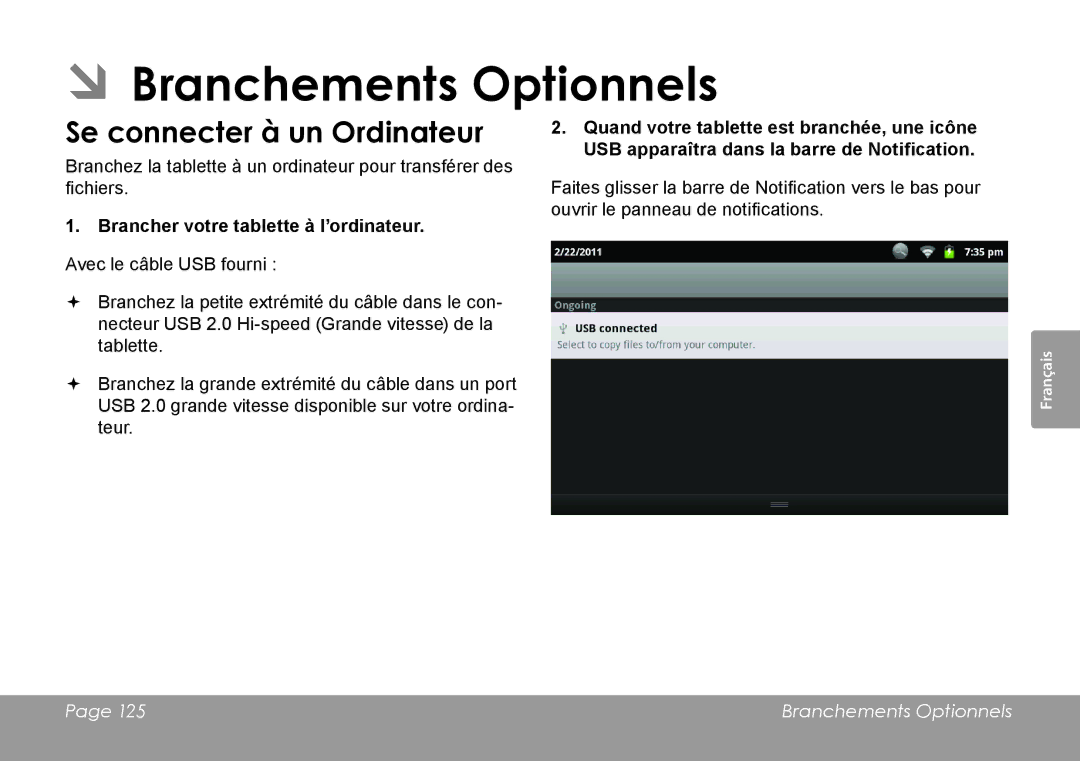 COBY electronic MID7120 ÂÂBranchements Optionnels, Se connecter à un Ordinateur, Brancher votre tablette à l’ordinateur 