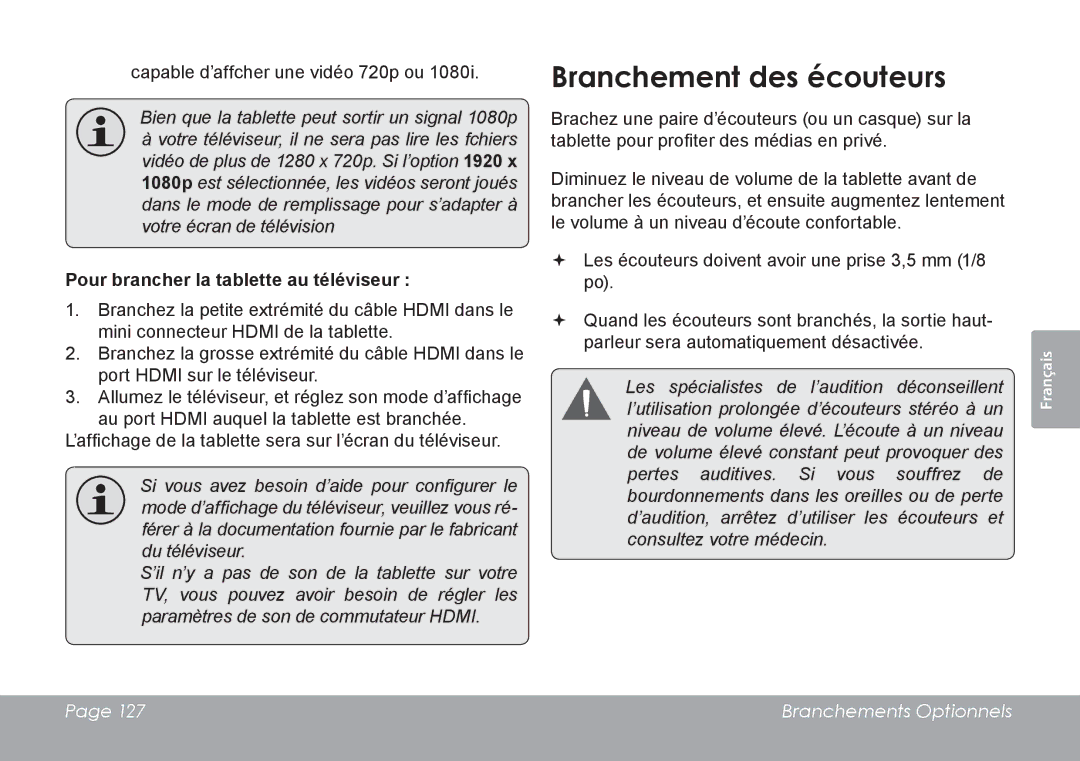 COBY electronic MID7120, MID8120 quick start Branchement des écouteurs, Pour brancher la tablette au téléviseur 