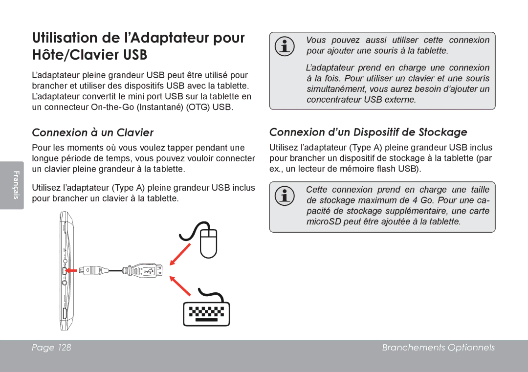 COBY electronic MID8120, MID7120 quick start Utilisation de l’Adaptateur pour Hôte/Clavier USB, Connexion à un Clavier 