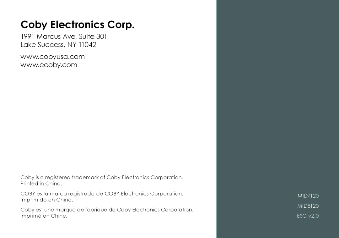 COBY electronic MID8120, MID7120 quick start Coby Electronics Corp 