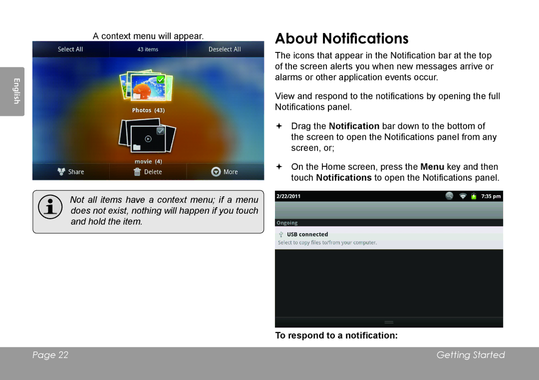 COBY electronic MID8120, MID7120 quick start About Notifications, To respond to a notification 