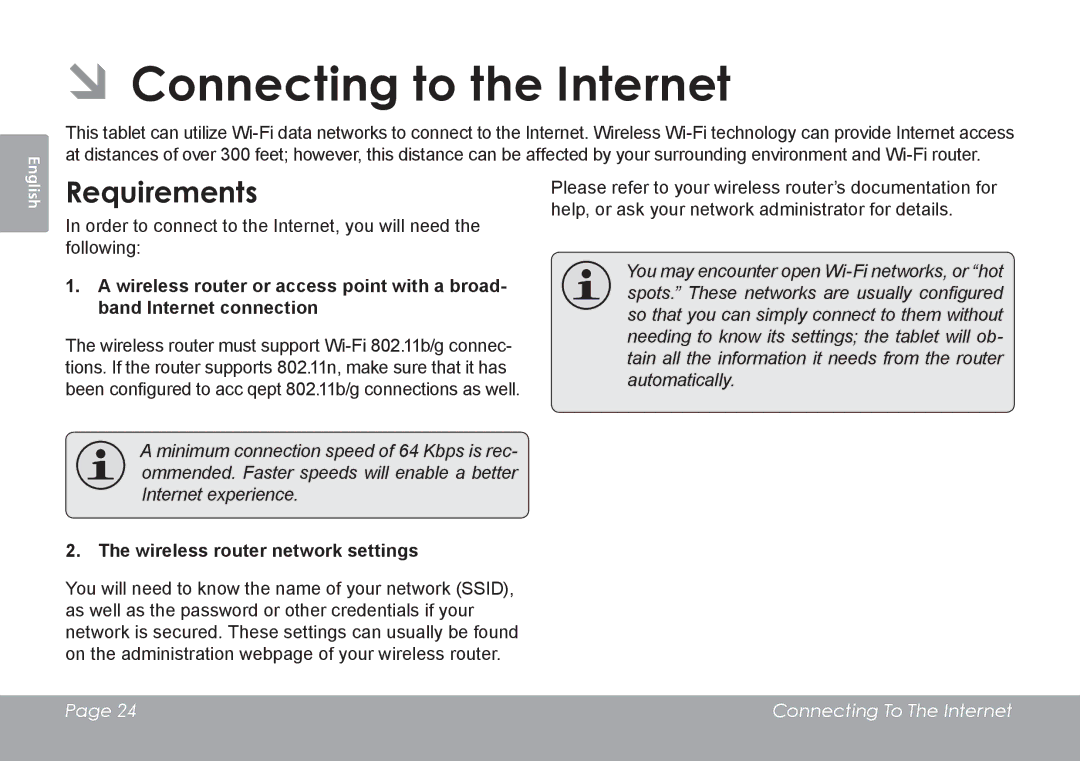 COBY electronic MID8120, MID7120 quick start Requirements, Wireless router network settings 