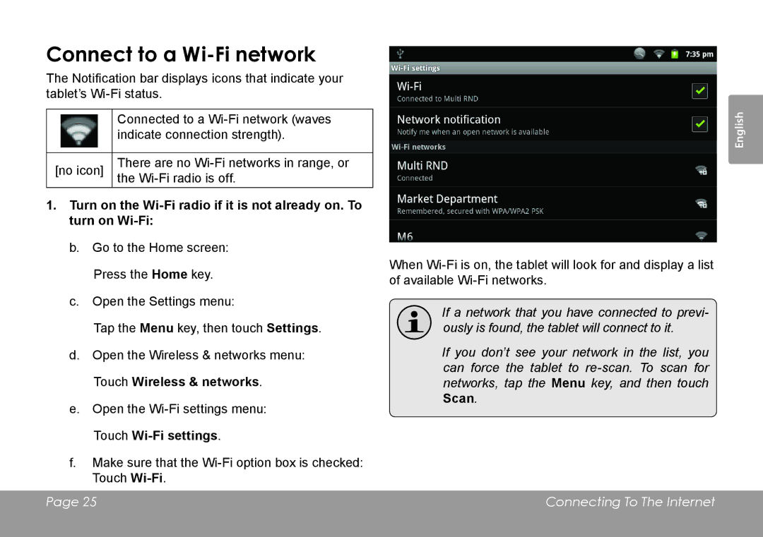 COBY electronic MID7120, MID8120 quick start Connect to a Wi-Fi network 