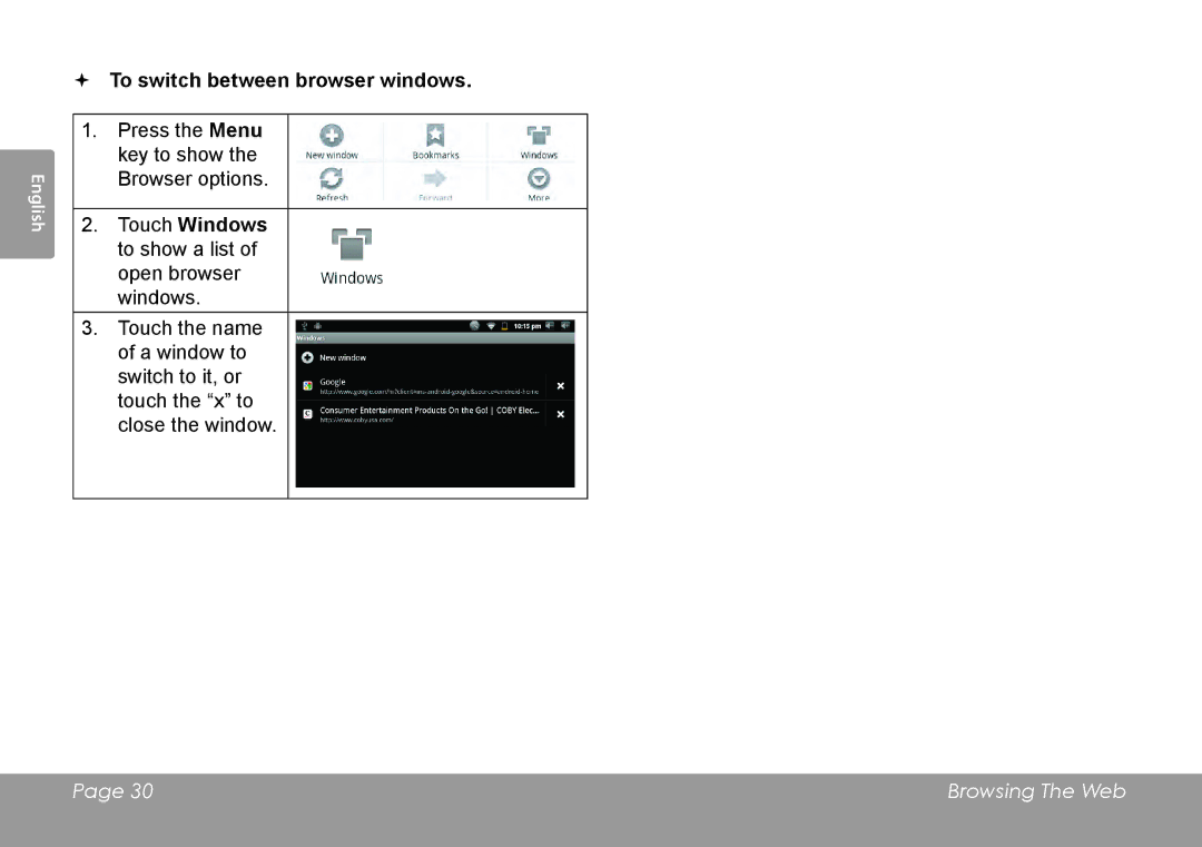 COBY electronic MID8120, MID7120 quick start  To switch between browser windows 