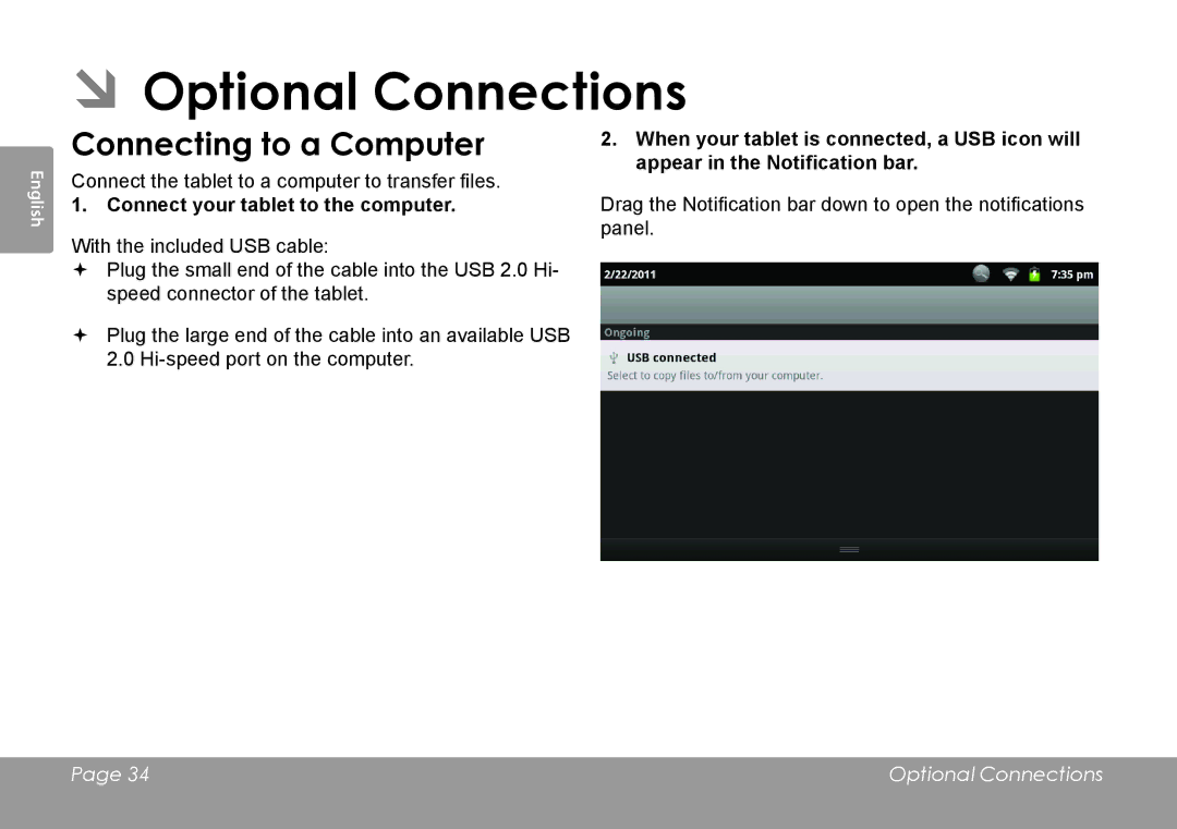 COBY electronic MID8120, MID7120 ÂÂOptional Connections, Connecting to a Computer, Connect your tablet to the computer 