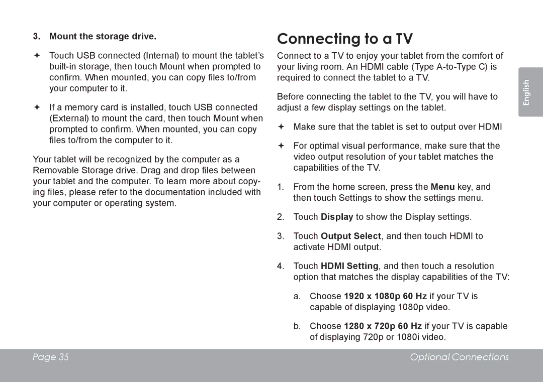 COBY electronic MID7120, MID8120 quick start Connecting to a TV, Mount the storage drive 