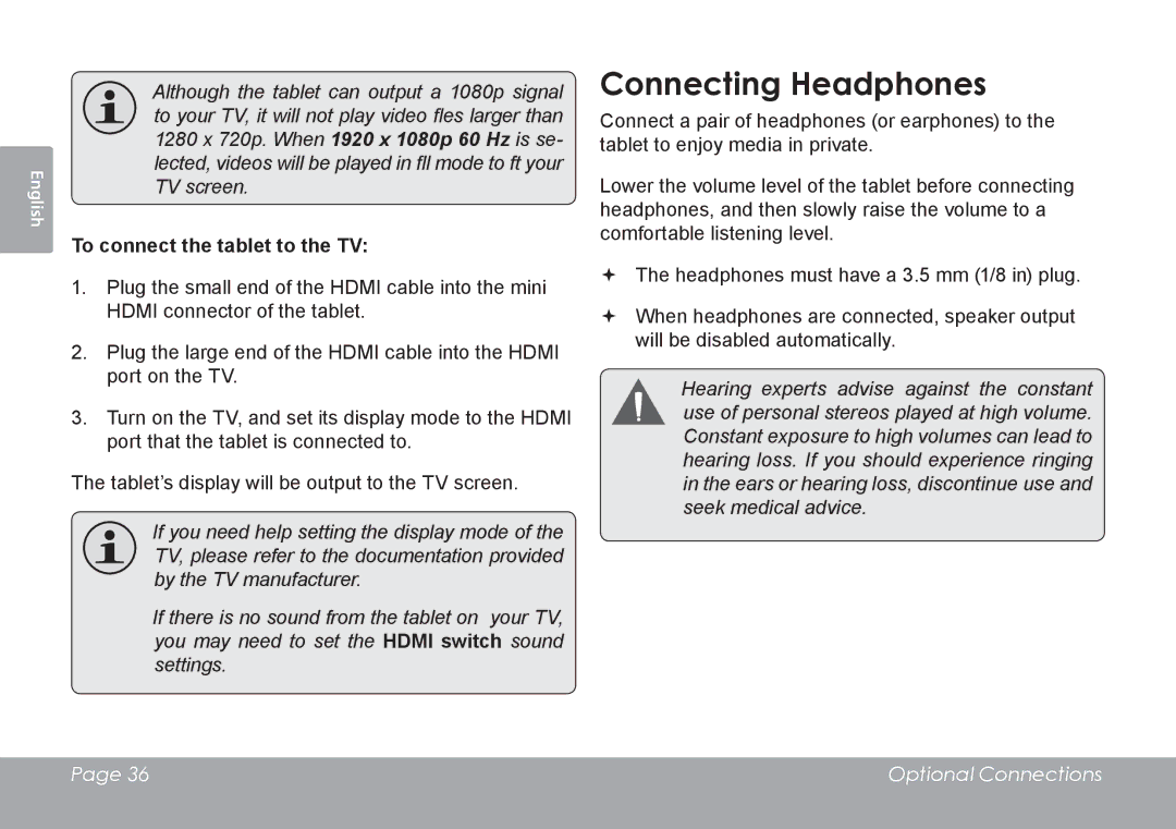 COBY electronic MID8120, MID7120 quick start Connecting Headphones, To connect the tablet to the TV 