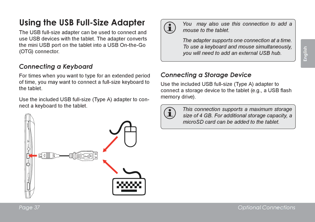 COBY electronic MID7120, MID8120 Using the USB Full-Size Adapter, Connecting a Keyboard, Connecting a Storage Device 