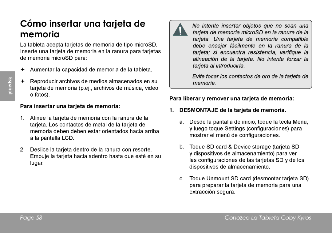 COBY electronic MID8120, MID7120 quick start Cómo insertar una tarjeta de memoria, Para insertar una tarjeta de memoria 