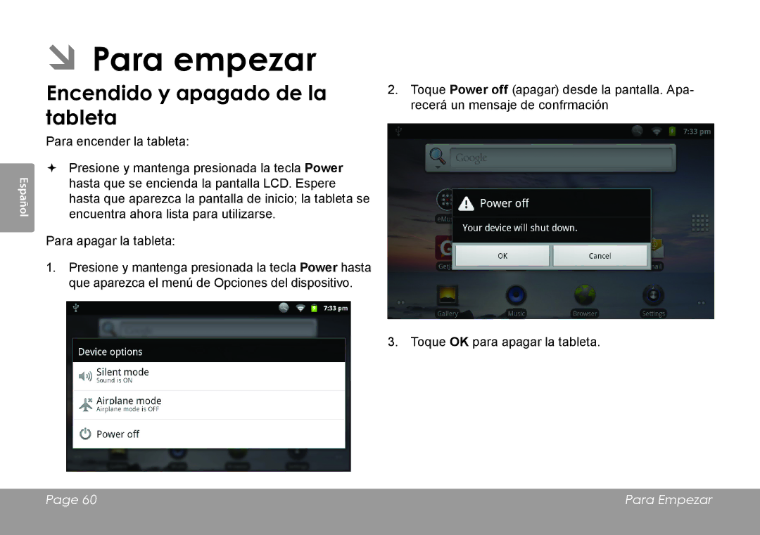 COBY electronic MID8120, MID7120 quick start ÂÂPara empezar, Encendido y apagado de la tableta 