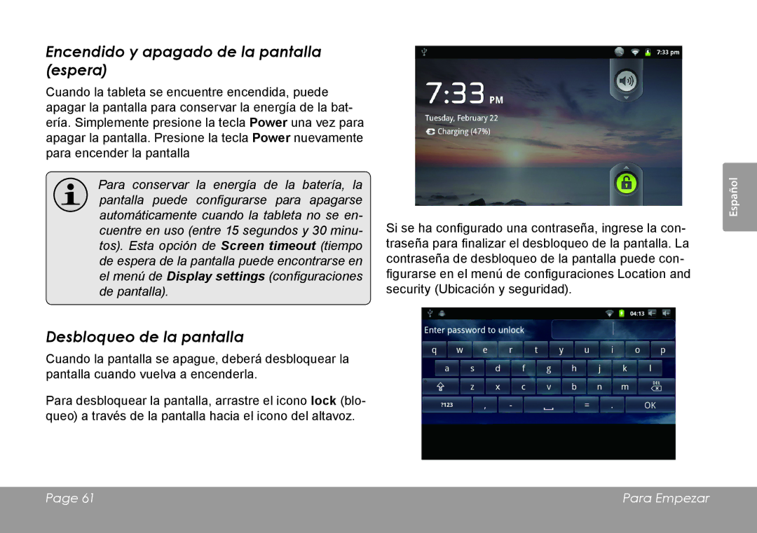 COBY electronic MID7120, MID8120 quick start Encendido y apagado de la pantalla espera, Desbloqueo de la pantalla 