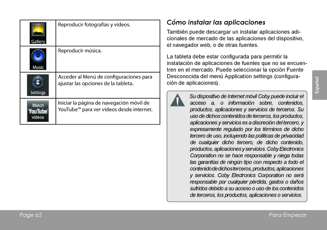 COBY electronic MID7120, MID8120 quick start Cómo instalar las aplicaciones 