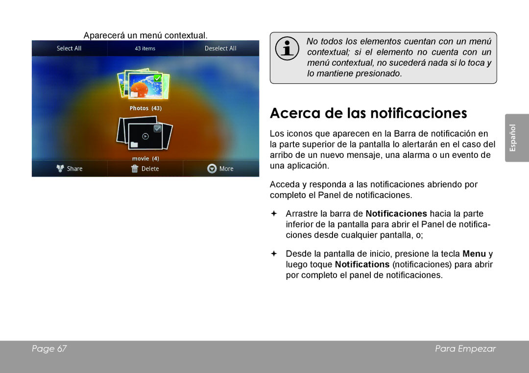 COBY electronic MID7120, MID8120 quick start Acerca de las notificaciones, Aparecerá un menú contextual 