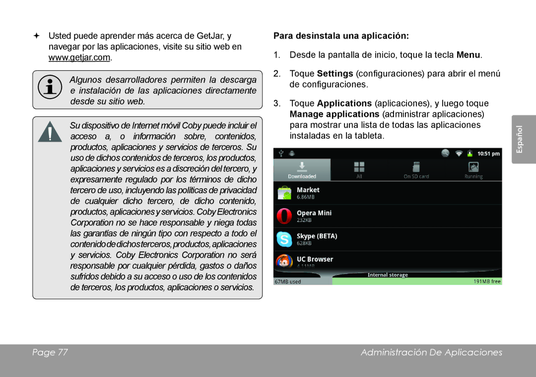 COBY electronic MID7120, MID8120 quick start Para desinstala una aplicación 