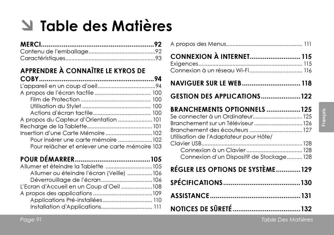 COBY electronic MID7120, MID8120 ÂÂTable des Matières, Merci, Apprendre à connaître le Kyros de Coby, Pour Démarrer 105 