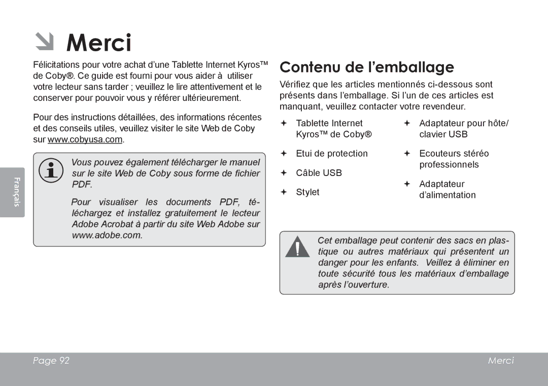 COBY electronic MID8120, MID7120 quick start ÂÂMerci, Contenu de l’emballage 