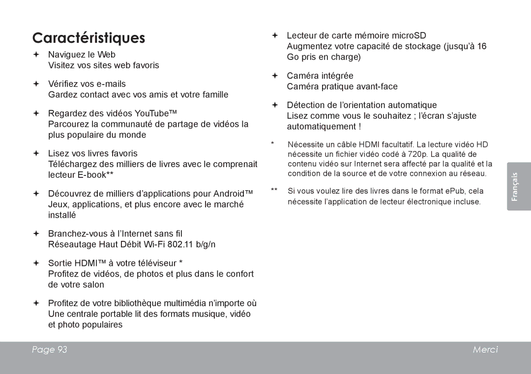 COBY electronic MID7120, MID8120 quick start Caractéristiques 