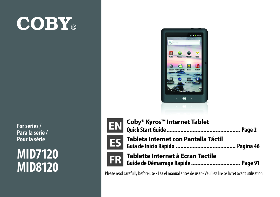 COBY electronic quick start MID7120 MID8120, For series Para la serie Pour la série, Coby Kyros Internet Tablet, Page 