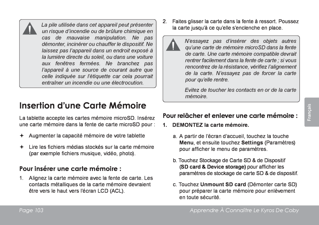 COBY electronic MID7120 Insertion d’une Carte Mémoire, Evitez de toucher les contacts en or de la carte mémoire, Page 