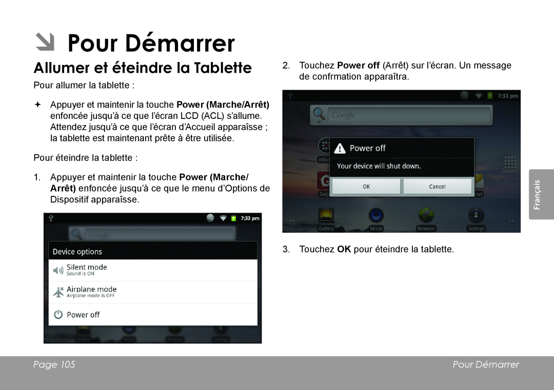 COBY electronic MID7120, MID8120 quick start ÂÂPour Démarrer, Allumer et éteindre la Tablette, Page 