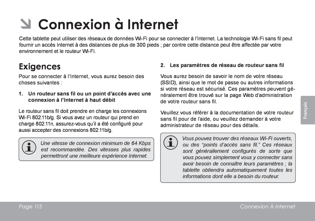 COBY electronic MID7120, MID8120 ÂÂConnexion à Internet, Exigences, Les paramètres de réseau de routeur sans fil, Page 