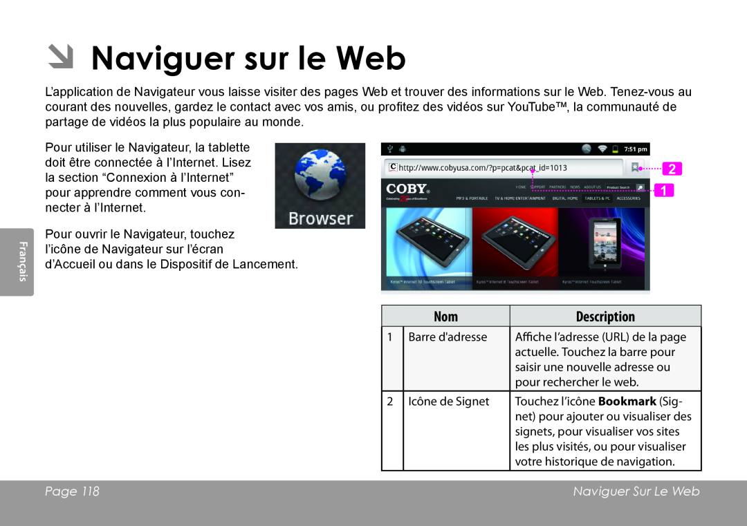 COBY electronic MID8120, MID7120 quick start ÂÂNaviguer sur le Web, Page, Naviguer Sur Le Web 