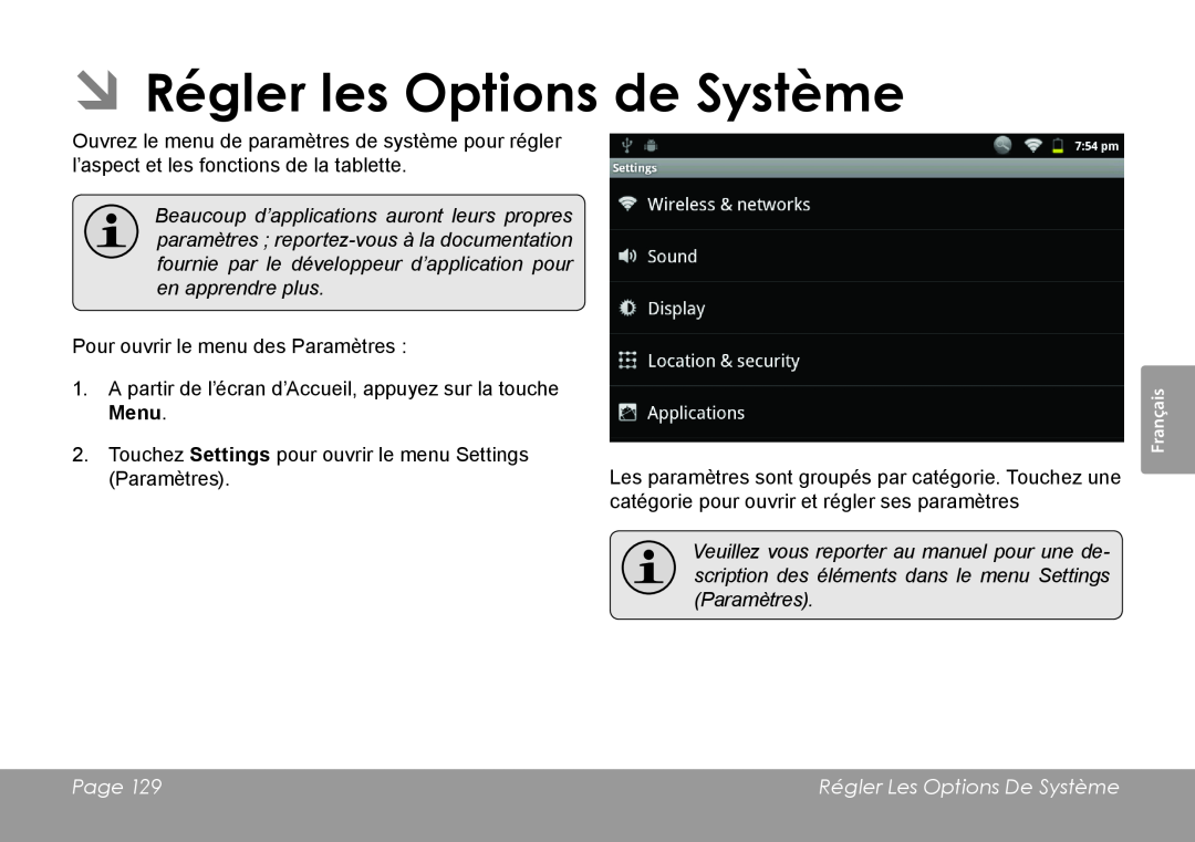 COBY electronic MID7120, MID8120 quick start ÂÂRégler les Options de Système, Page, Régler Les Options De Système 