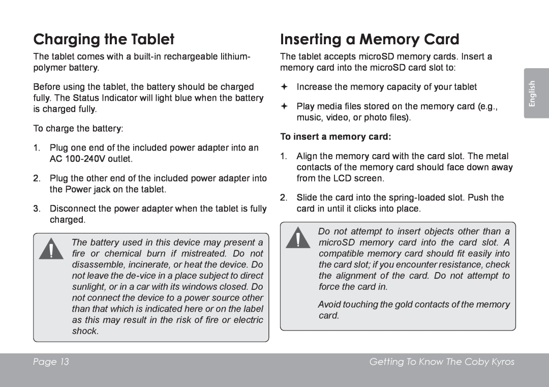 COBY electronic MID7120, MID8120 quick start Charging the Tablet, Inserting a Memory Card, To insert a memory card, Page 