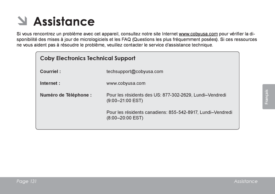 COBY electronic MID7120, MID8120 quick start ÂÂAssistance, Courriel techsupport@cobyusa.com, Page, Français 