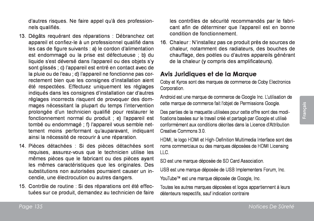 COBY electronic MID7120, MID8120 quick start Avis Juridiques et de la Marque, Page, Notices De Sûreté 