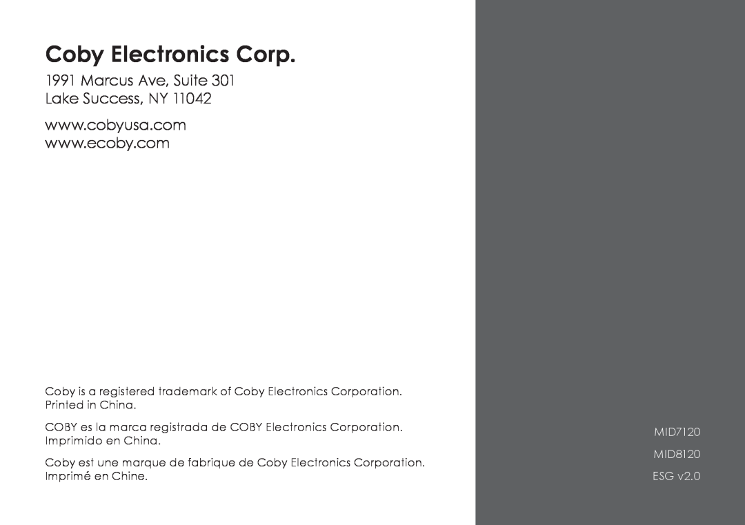 COBY electronic quick start Coby Electronics Corp, Marcus Ave, Suite 301 Lake Success, NY, MID7120 MID8120 ESG 