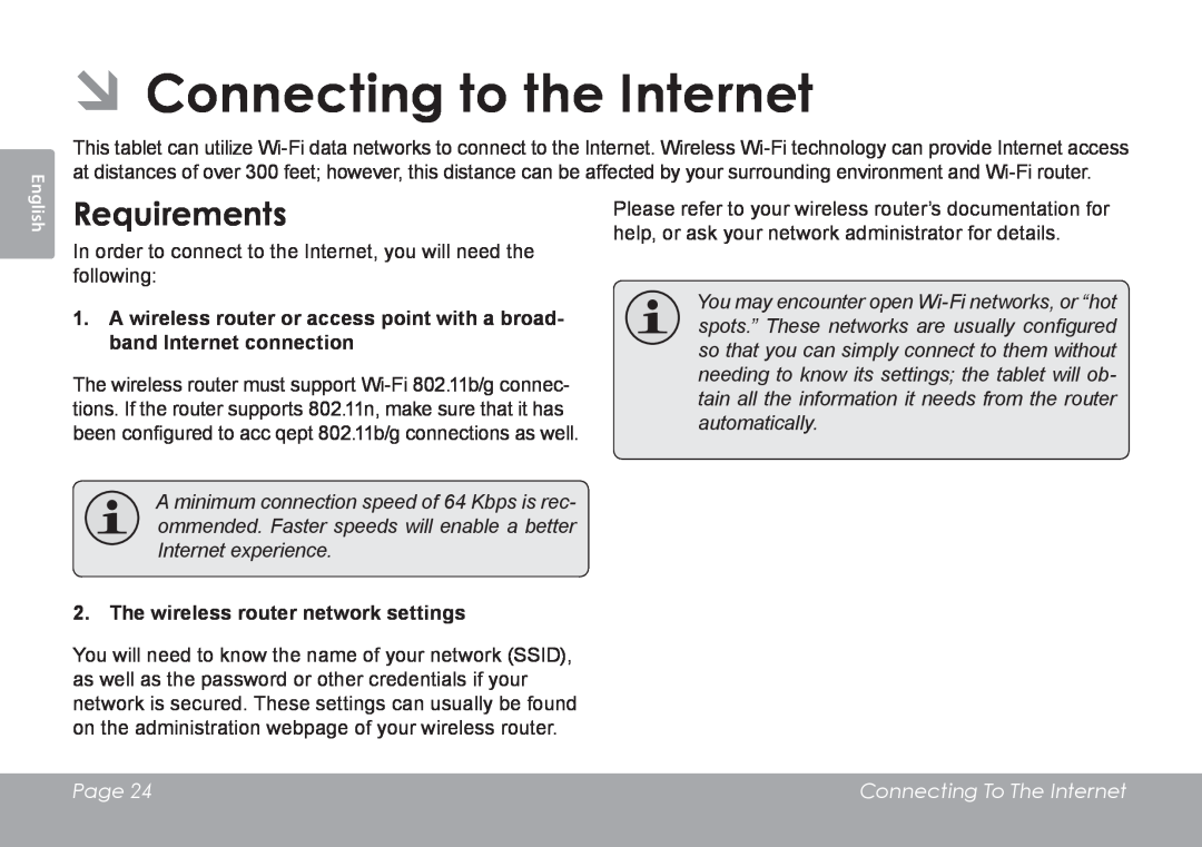 COBY electronic MID8120 Requirements, The wireless router network settings, Page, Connecting To The Internet, English 
