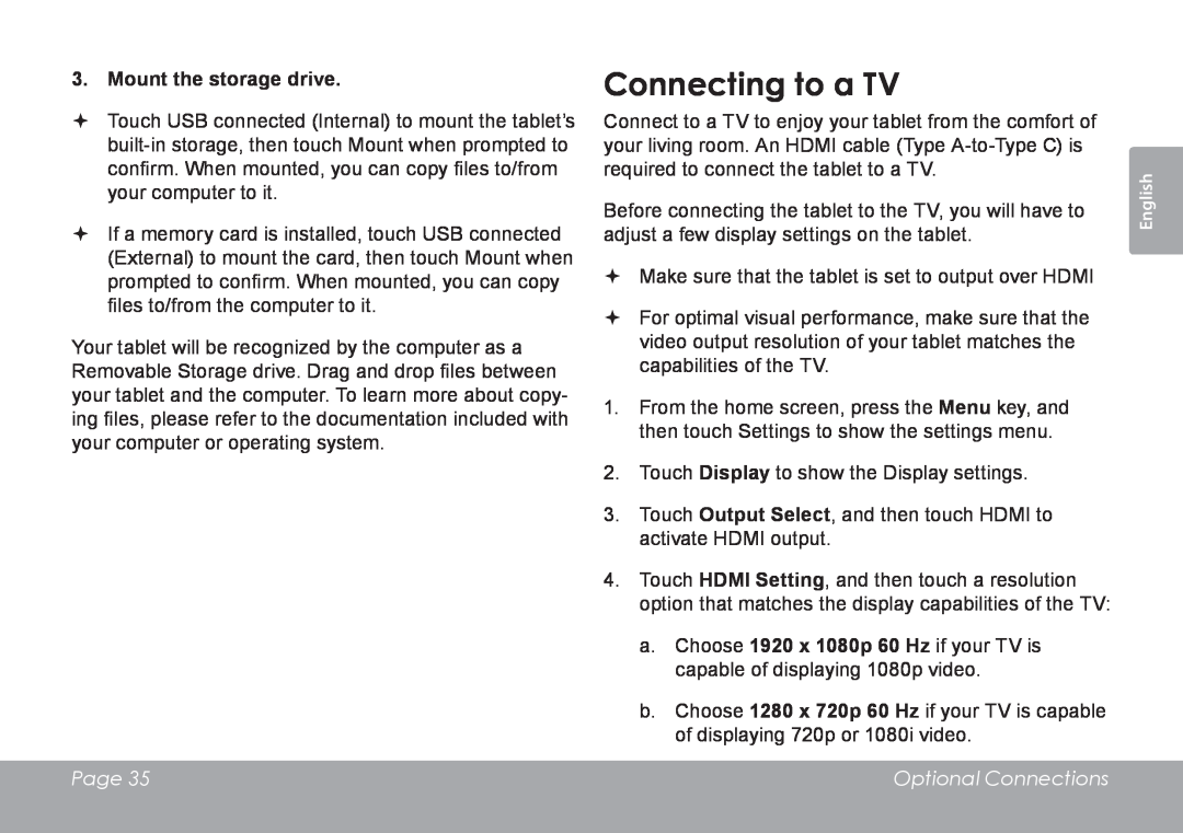 COBY electronic MID7120, MID8120 quick start Connecting to a TV, Mount the storage drive, Page, Optional Connections 