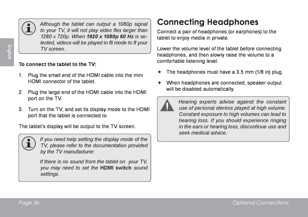 COBY electronic MID8120, MID7120 Connecting Headphones, To connect the tablet to the TV, Page, Optional Connections 