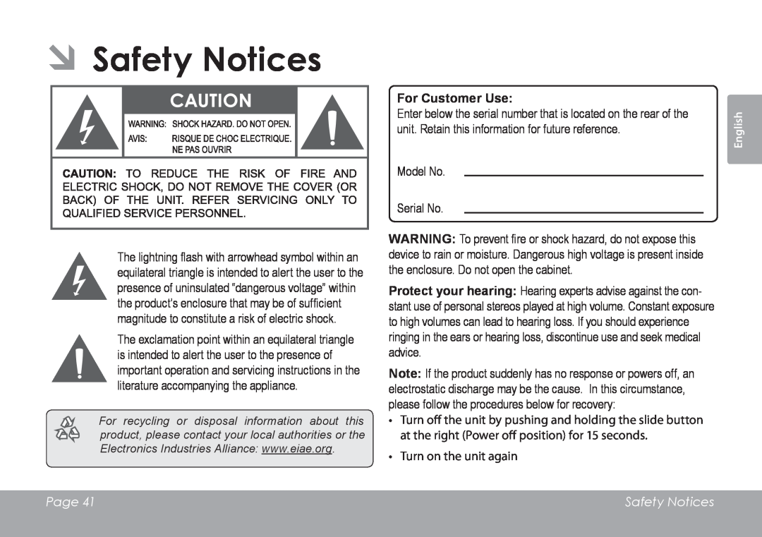 COBY electronic MID7120, MID8120 quick start ÂÂSafety Notices, For Customer Use, Page 