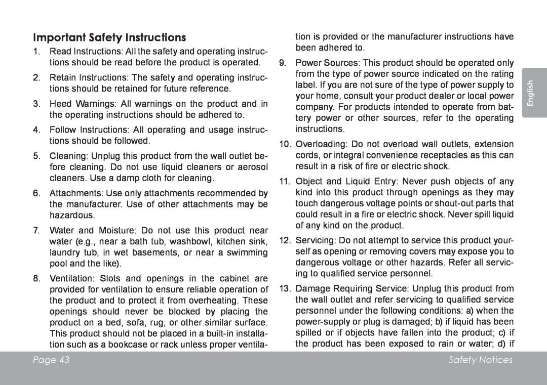 COBY electronic MID7120, MID8120 quick start Important Safety Instructions, Page, Safety Notices 
