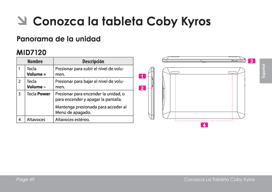 COBY electronic MID8120 quick start ÂÂConozca la tableta Coby Kyros, Panorama de la unidad MID7120, Volume +, Page 
