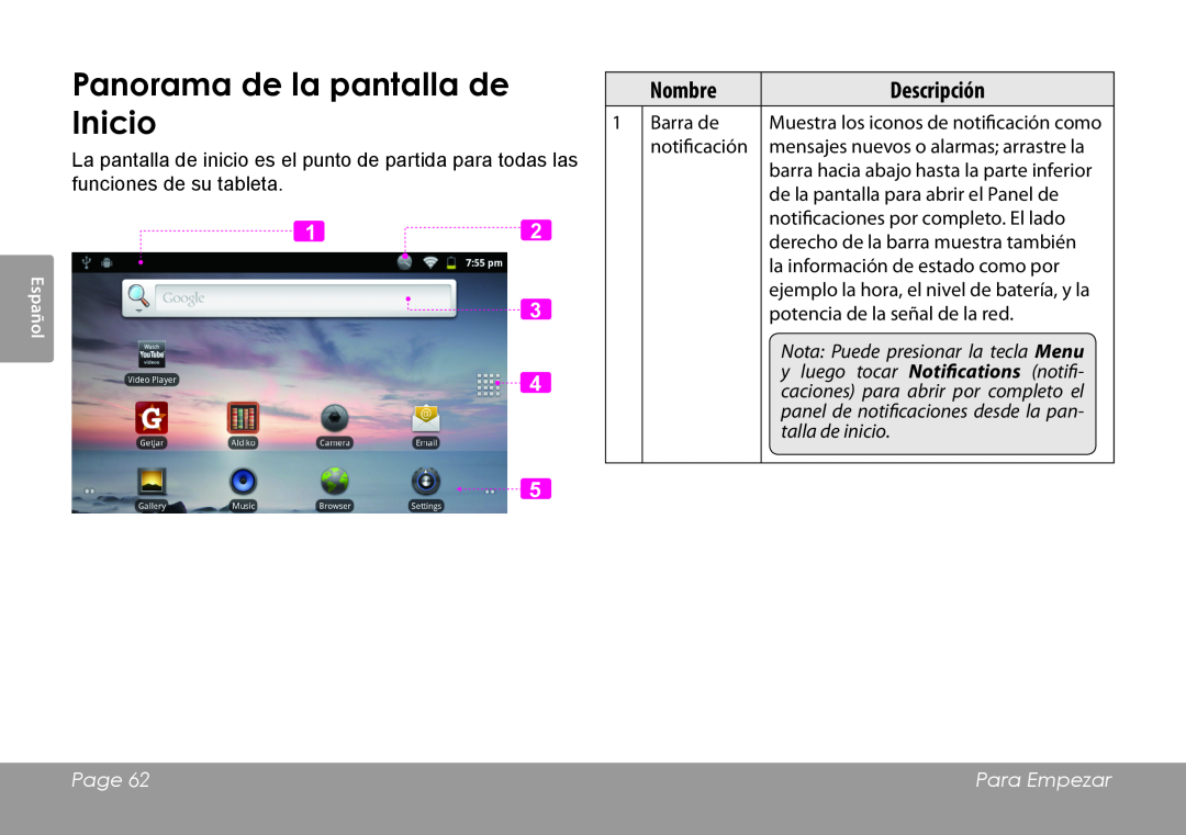 COBY electronic MID8120 Panorama de la pantalla de Inicio, Nota Puede presionar la tecla Menu, talla de inicio, Page 