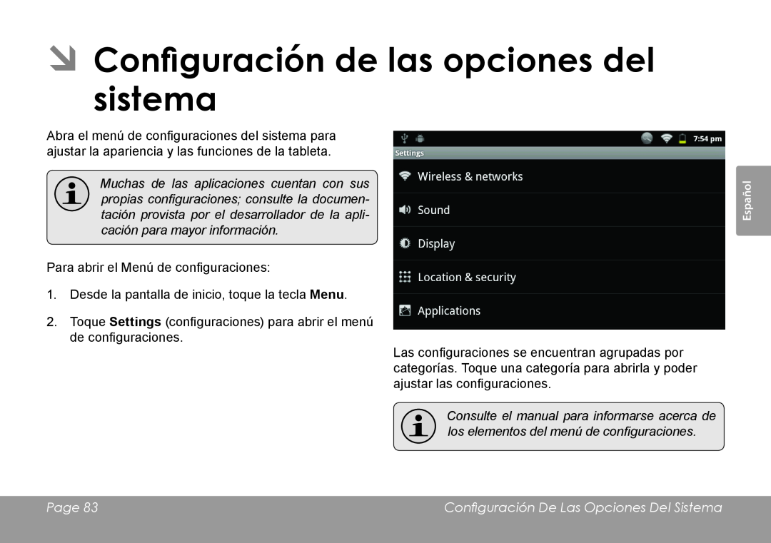 COBY electronic MID7120 ÂÂConfiguración de las opciones del sistema, Page, Configuración De Las Opciones Del Sistema 